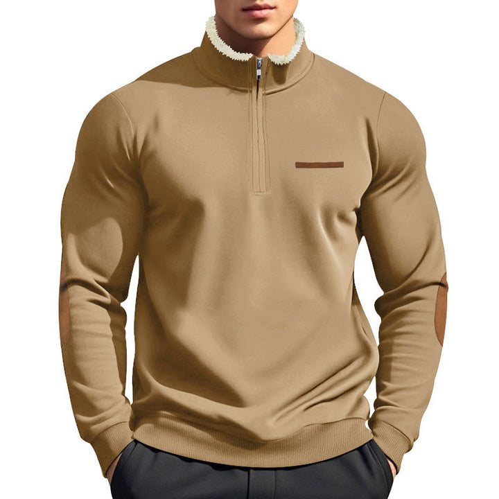 Men's half-zip troyer with teddy fleece collar and leather elbow patches Mune Fashion