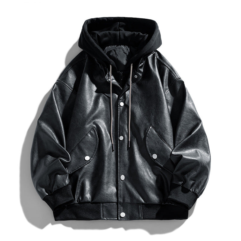 Men's Casual Faux Leather Aviator Jacket in Oversized Cut with Contrast Hood & Snap Button Placket Mune Fashion