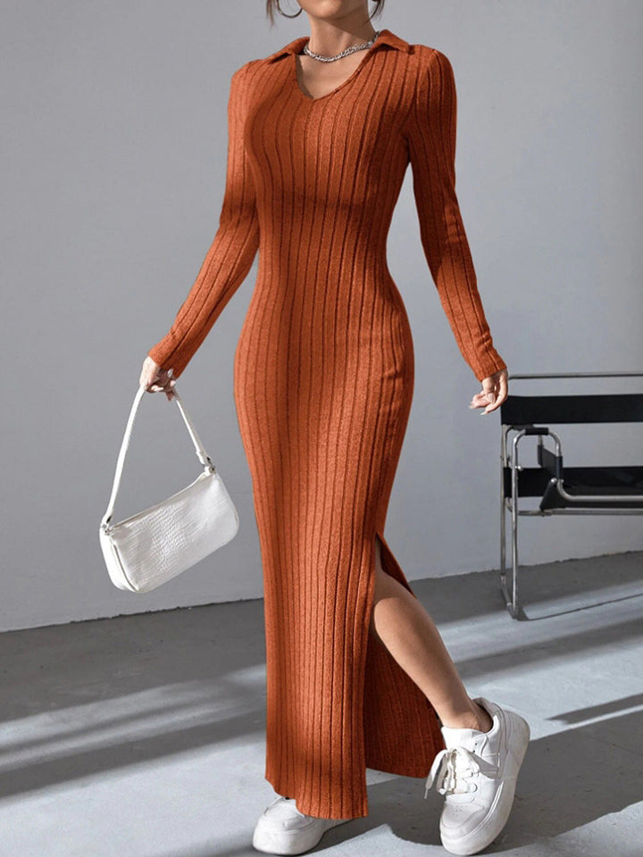 Women's Maxi Dress with Structured V-Neck and Side Slits Mune