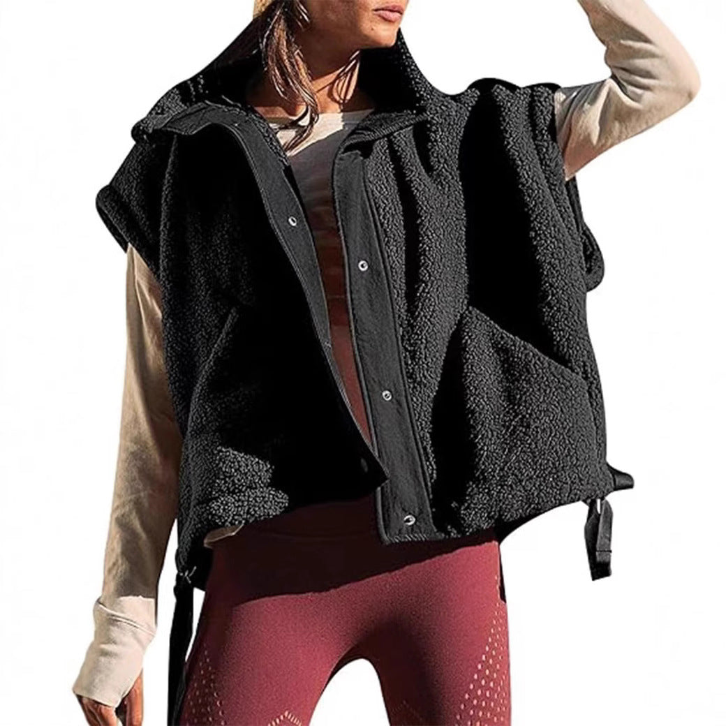 Women's Oversized Teddy Fleece Vest with Hood and Snap Buttons Mune Fashion