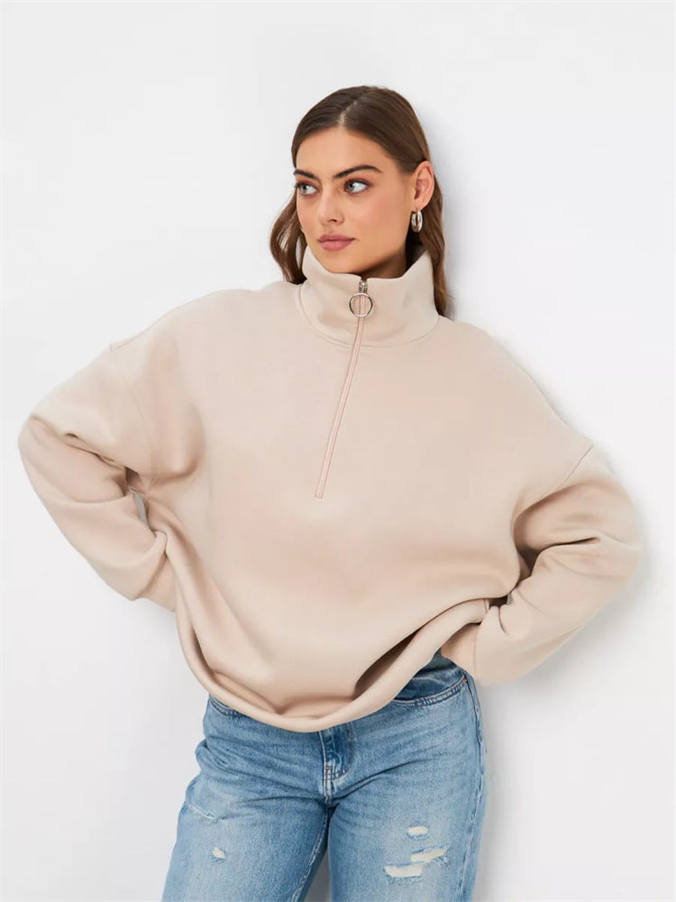 Women's Oversized Half-zip Sweater with High Stand-up Collar and Ribbed Cuffs Mune Fashion