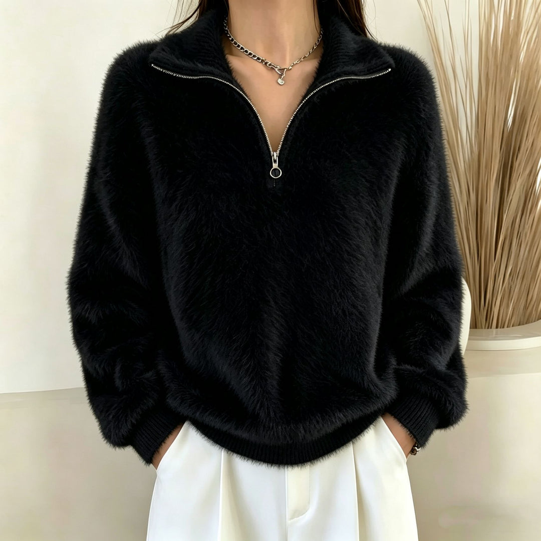 Women's Fluffy Half-Zip Sweater with Stand-Up Collar Mune Fashion