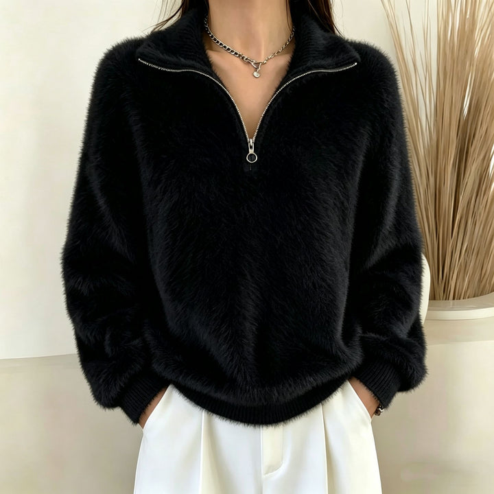 Women's Fluffy Half-Zip Sweater with Stand-Up Collar Mune Fashion
