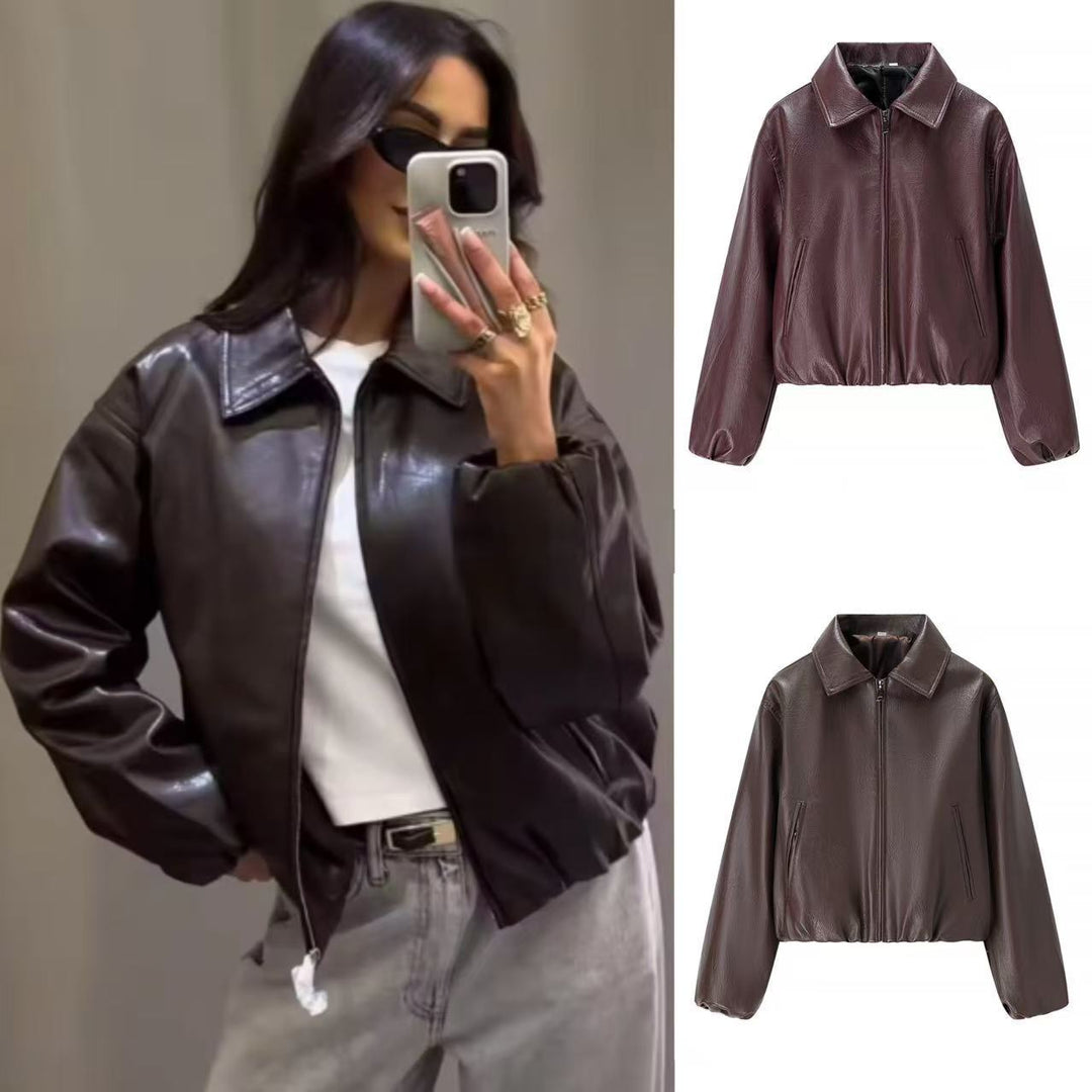 Women short cut leather imitation blouson with zipper and elastic hem Mune Fashion
