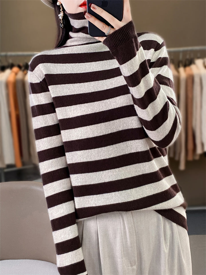 Women's Casual Striped Turtleneck Sweater made of Wool Blend with Relaxed Fit Mune Fashion