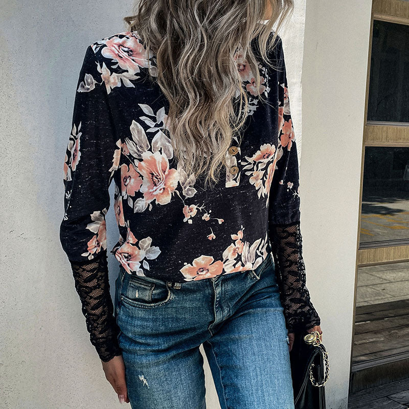 Women's Henley top with rose print, lace cuffs and decorative button placket Mune Fashion