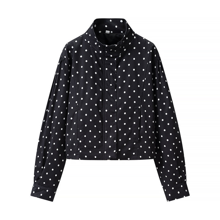 Women Polka Dot Short Jacket with Stand Collar and Concealed Snap Button Placket Mune Fashion
