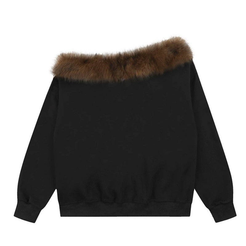 Women's oversized sweatshirt with faux fur collar, ribbed cuffs and statement print Mune Fashion