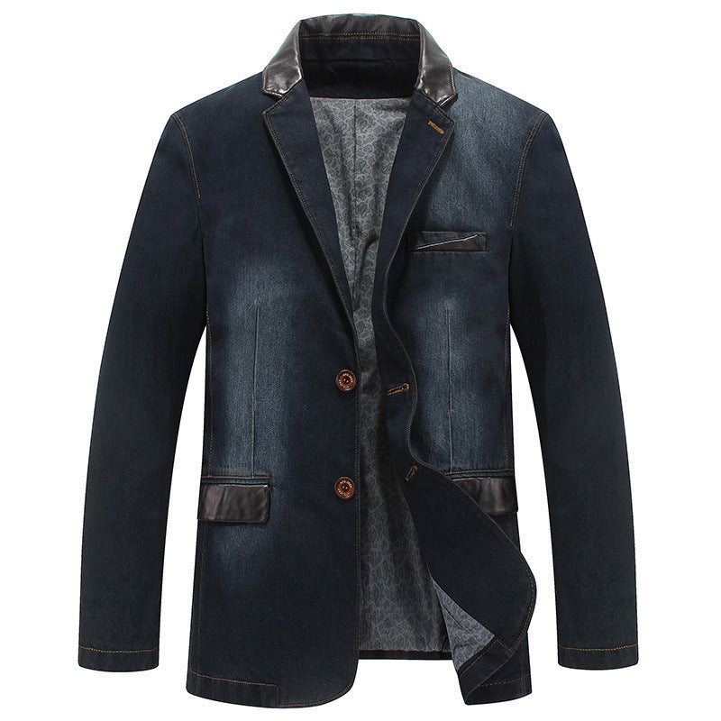 Men's Denim Blazer in Tailored Look with Faux Leather Trim Mune Fashion