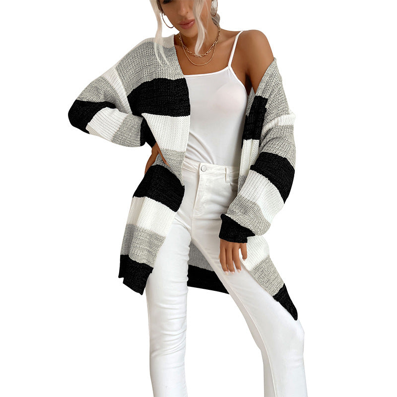 Women's Long Oversized Knit Cardigan with Block Stripes and Open Front Mune Fashion