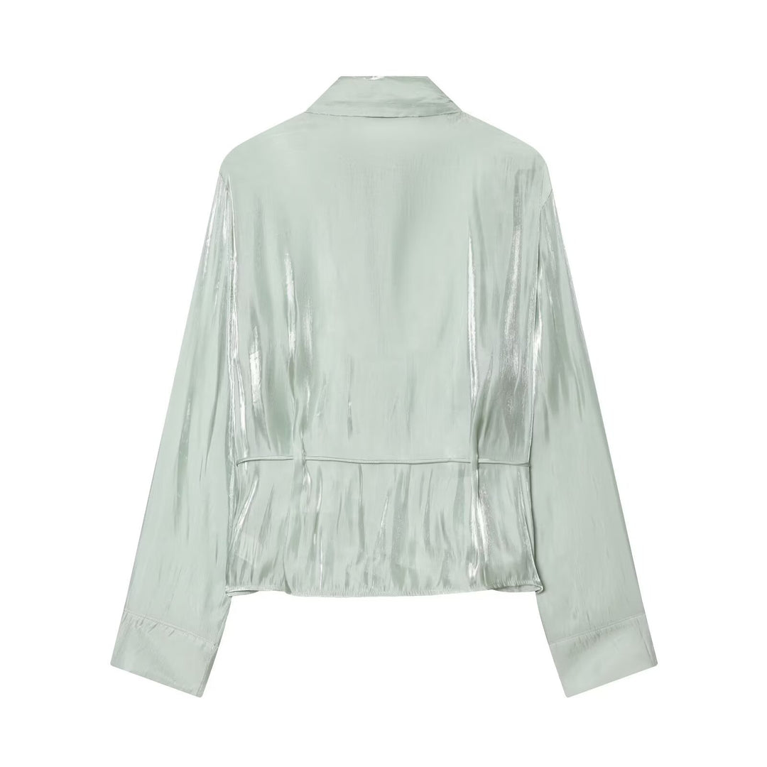 Women's Lightweight Satin Blouson in Crop Cut with Shirt Collar and Drawstring Detail