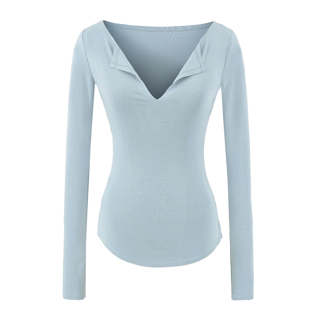Women's fitted ribbed knit long sleeve with deep V-neck and collar trim Mune Fashion
