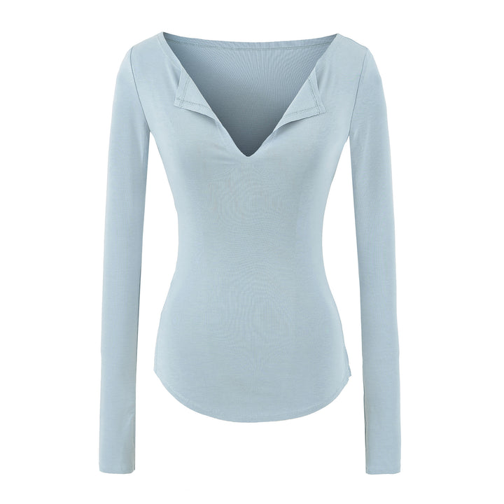 Women's fitted ribbed knit long sleeve with deep V-neck and collar trim Mune Fashion