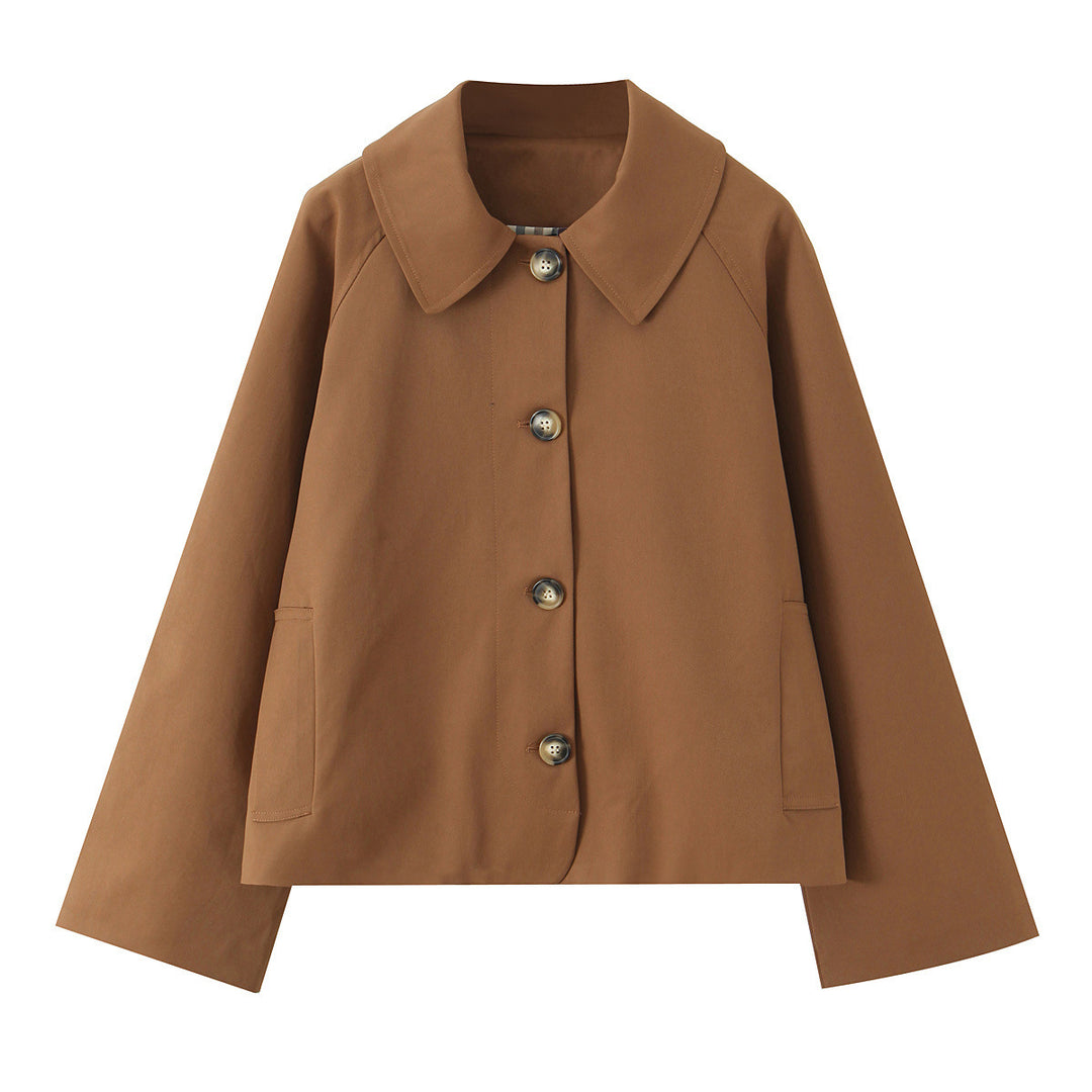 Women's Short Boxy Jacket with Wide Shirt Collar and Continuous Button Placket Mune Fashion