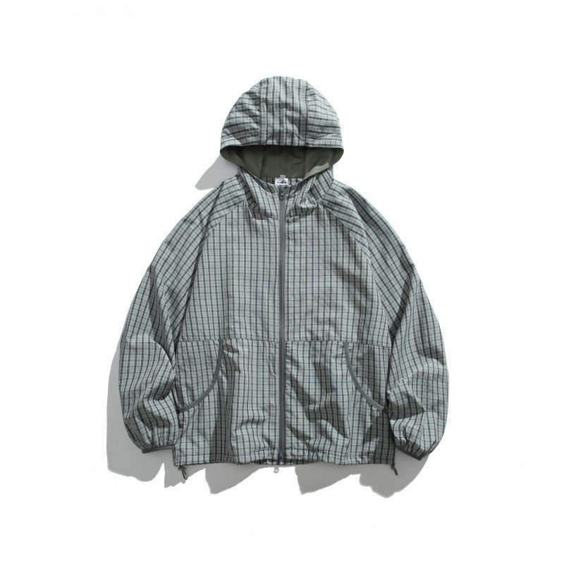 Unisex Lightweight Checked Windbreaker Jacket with Hood, Raglan Sleeves, and Drawstring Mune Fashion