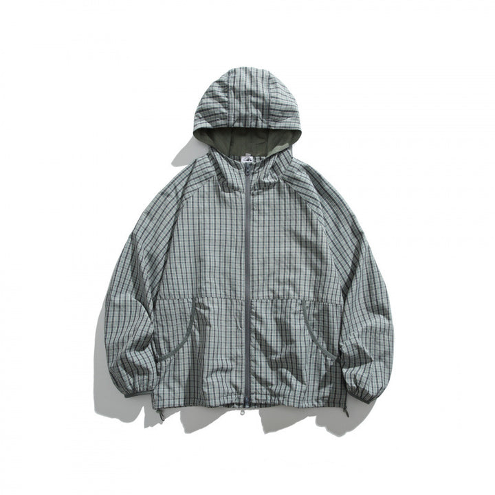 Unisex Lightweight Checked Windbreaker Jacket with Hood, Raglan Sleeves, and Drawstring Mune Fashion