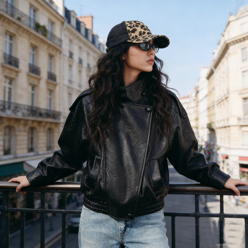 Ladies Oversize Biker Jacket made of Faux Leather with Stand-up Collar and Shoulder Flaps Mune Fashion
