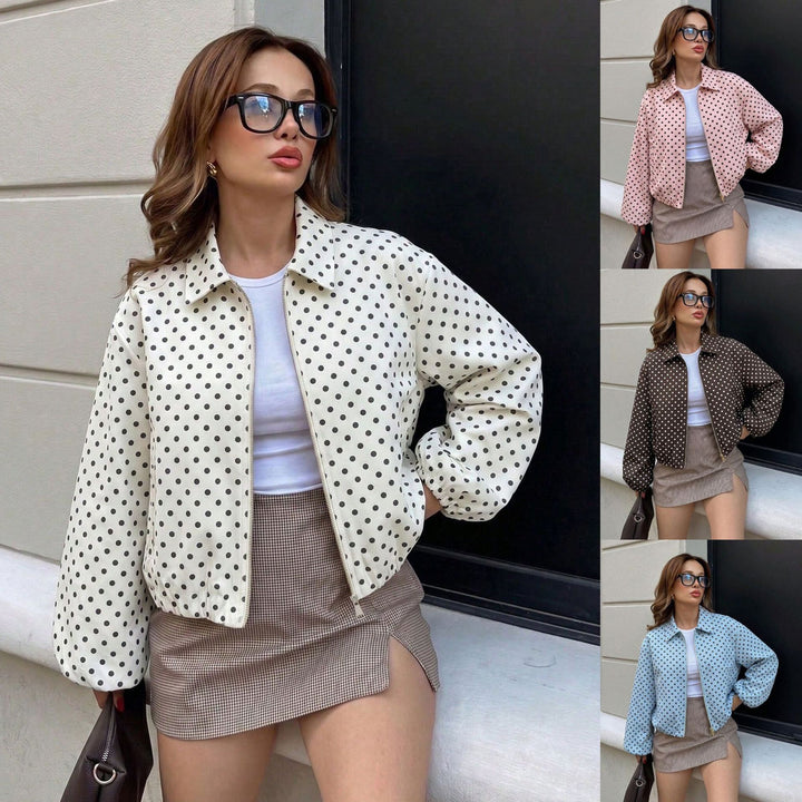 Women's Polka-Dotted Cropped Bomber Jacket with Zipper and Elastic Hem Mune Fashion