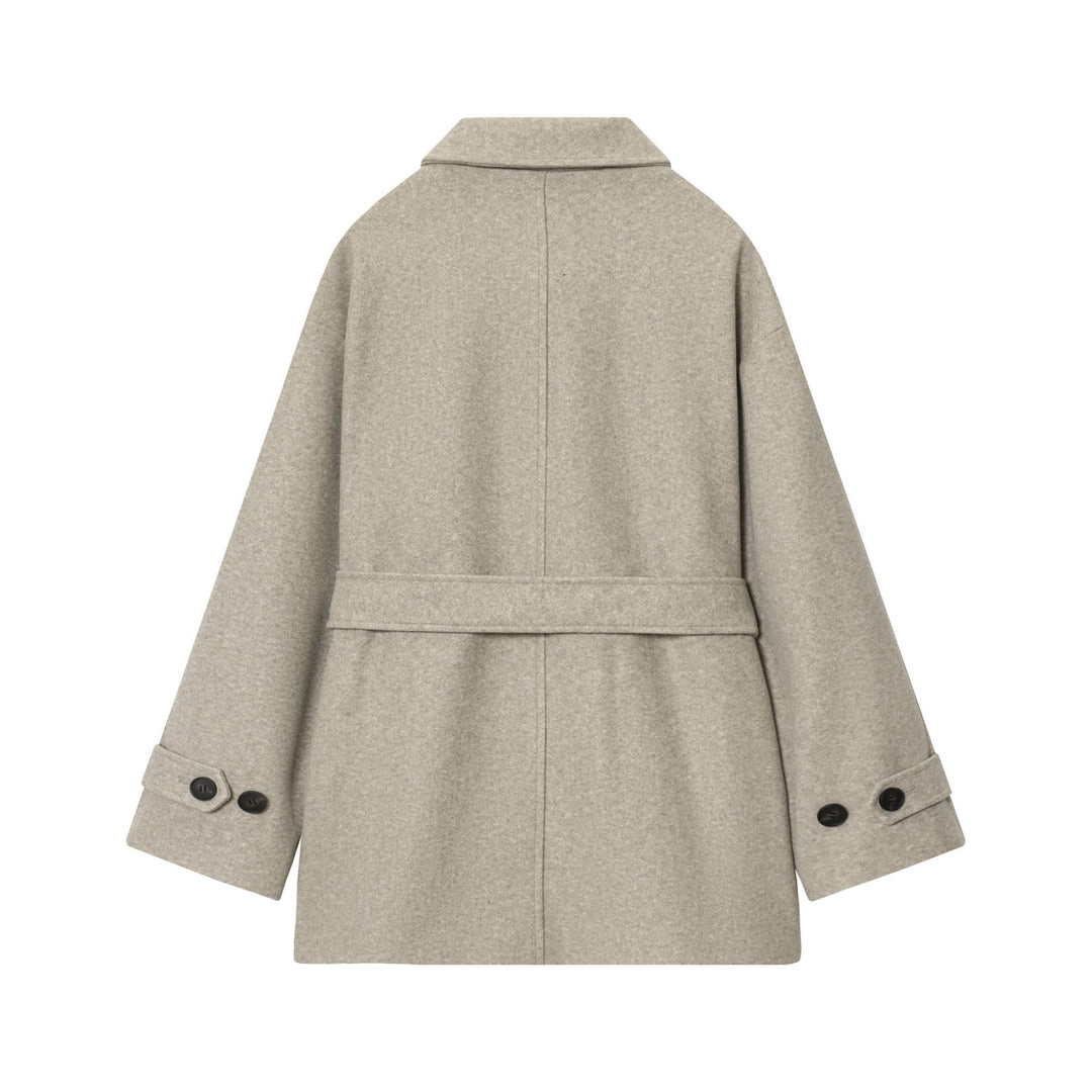 Women's short wool blend coat with tie belt, dropped shoulder and patch pockets Mune Fashion