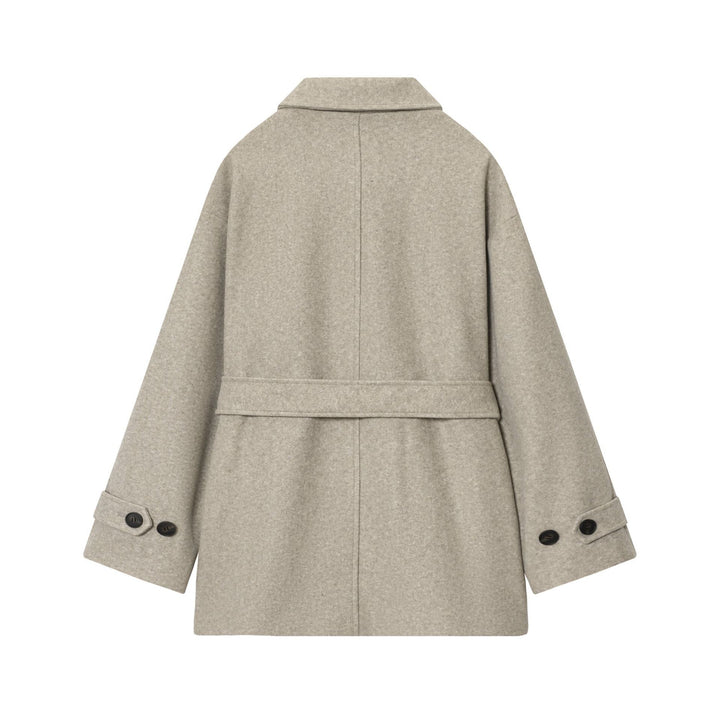 Women's short wool blend coat with tie belt, dropped shoulder and patch pockets Mune Fashion