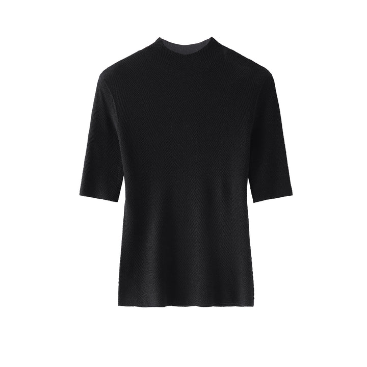 Women's fine-knit top with stand-up collar, elbow-length sleeves, and herringbone structure Mune Fashion