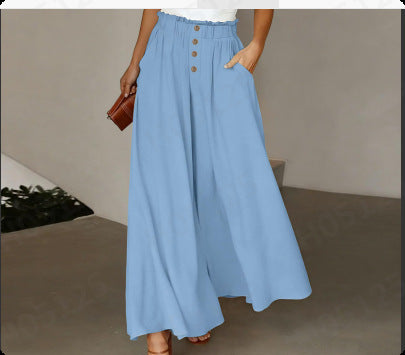 Women wide linen trousers with high, gathered waistband and button decoration Mune Fashion