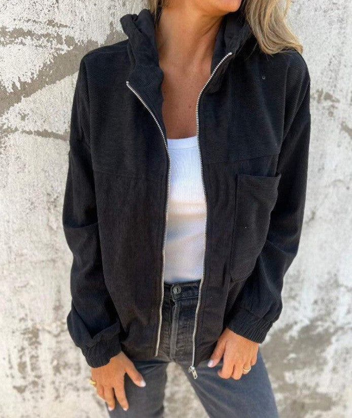 Women's cord zip jacket with hood, ribbed structure and side pockets Mune Fashion