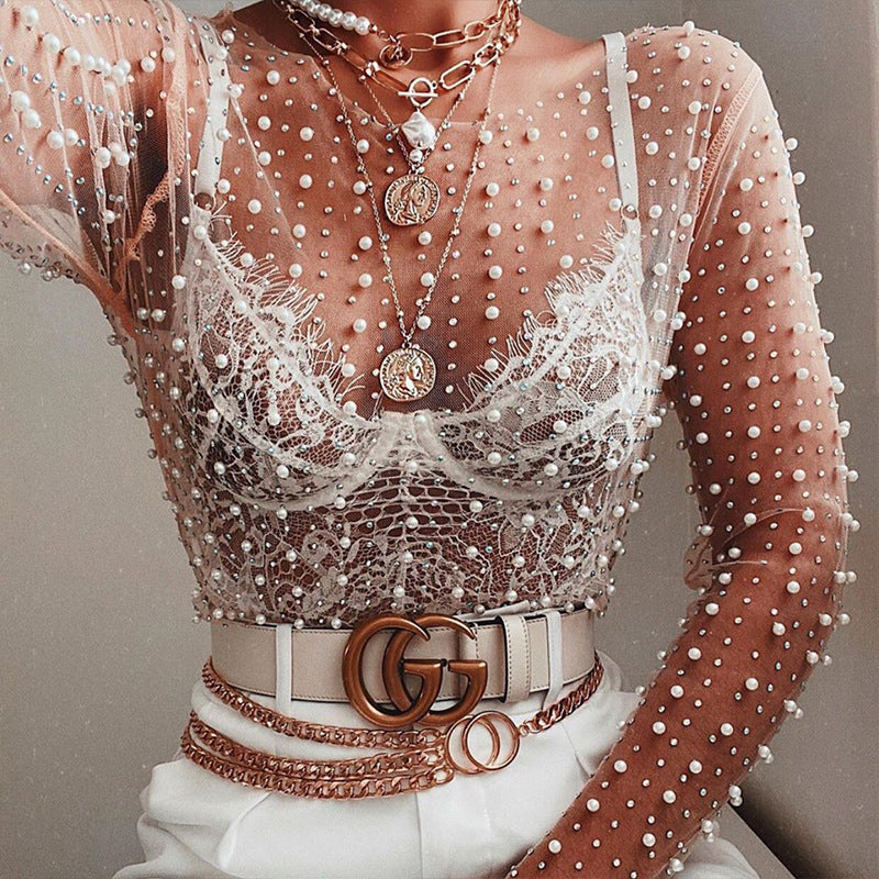 Women's glittering long-sleeve top with rhinestone embellishments Mune Fashion