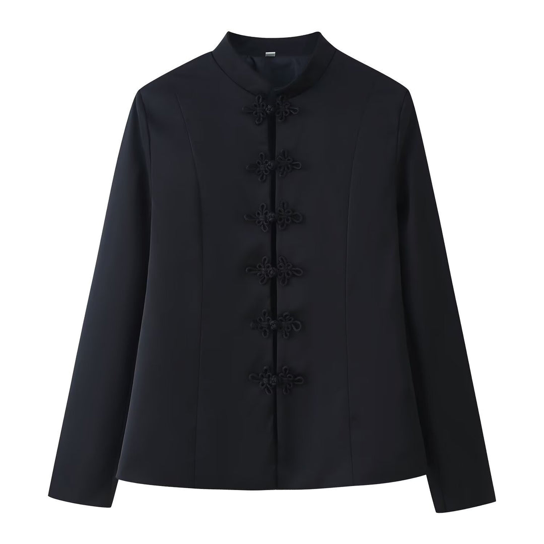 Women Chinese inspired jacket with stand-up collar and decorative knot closures Mune Fashion