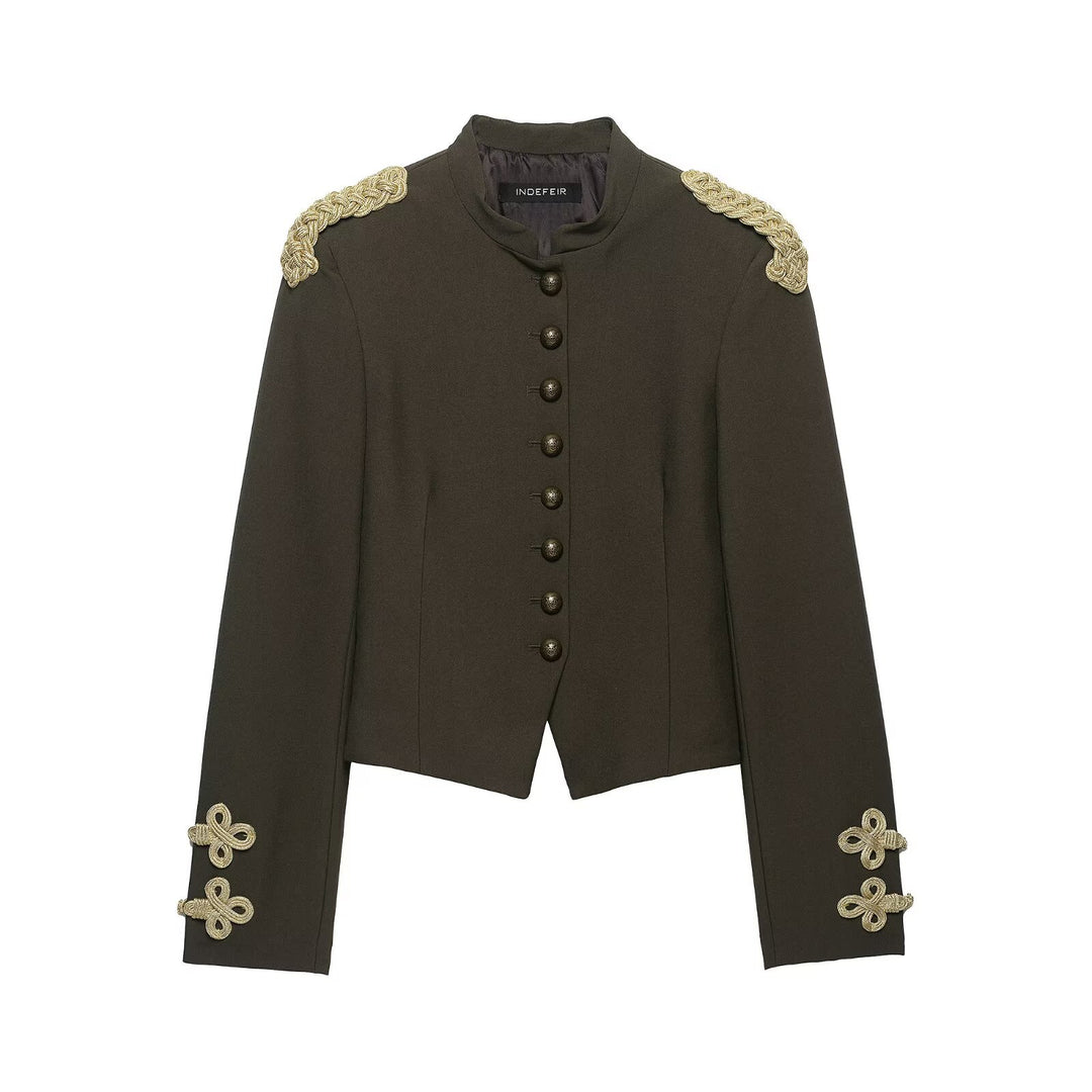Women's Cropped Military Jacket with Stand-up Collar, Gold Shoulder Cord and Decorative Button Placket Mune Fashion