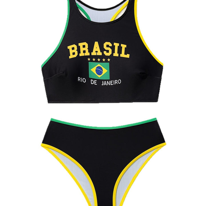 Women's two-piece sporty bikini set with high bustier, crisscross straps, and high-cut bottom Mune Fashion