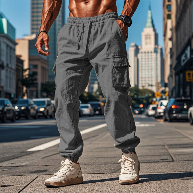 Men's sporty work-inspired joggers with patch flap pockets, elastic drawstring waistband, and gathered leg cuffs Mune Fashion