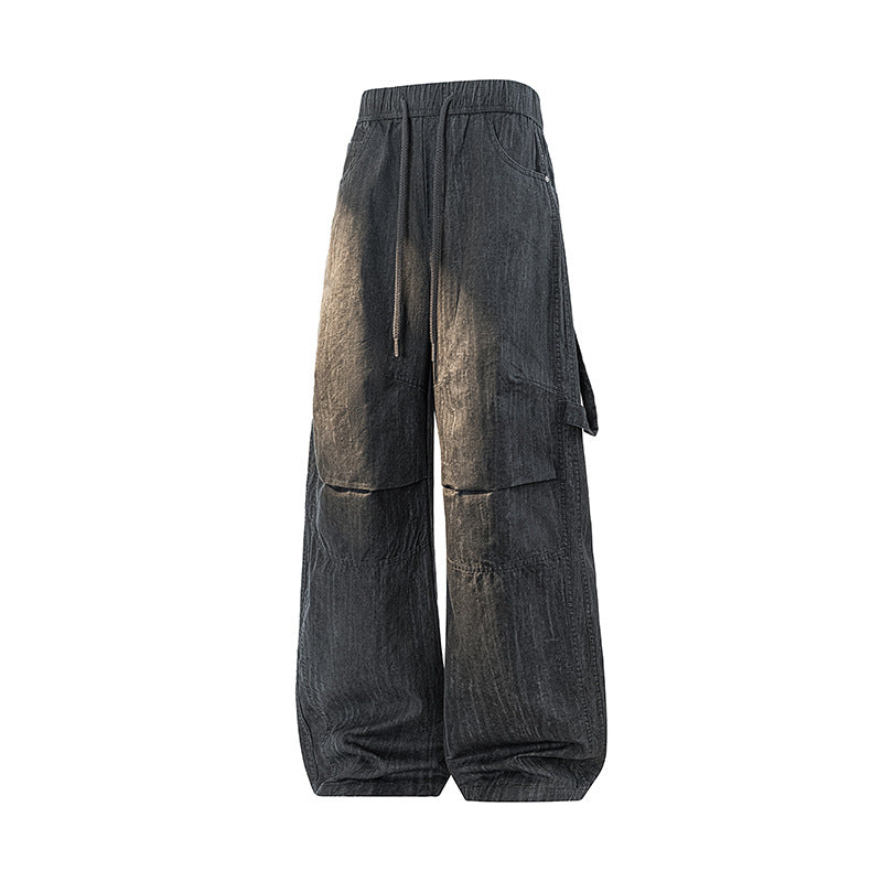 Damen Weite Leinenoptik Cargo-Bundhose mit Tunnelzug, Knieabnähern und asymmetrischer Seitentasche Mune Fashion