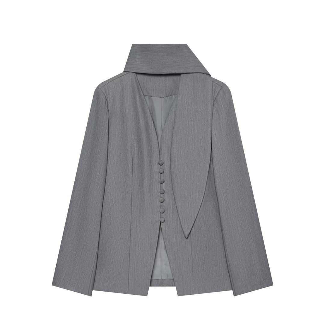 Women's Elegant Longline Blazer with High Funnel Collar and Overlapping Fabric Buttons Mune Fashion