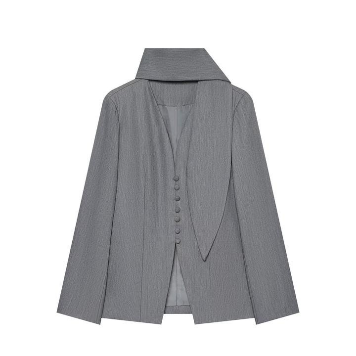 Women's Elegant Longline Blazer with High Funnel Collar and Overlapping Fabric Buttons Mune Fashion