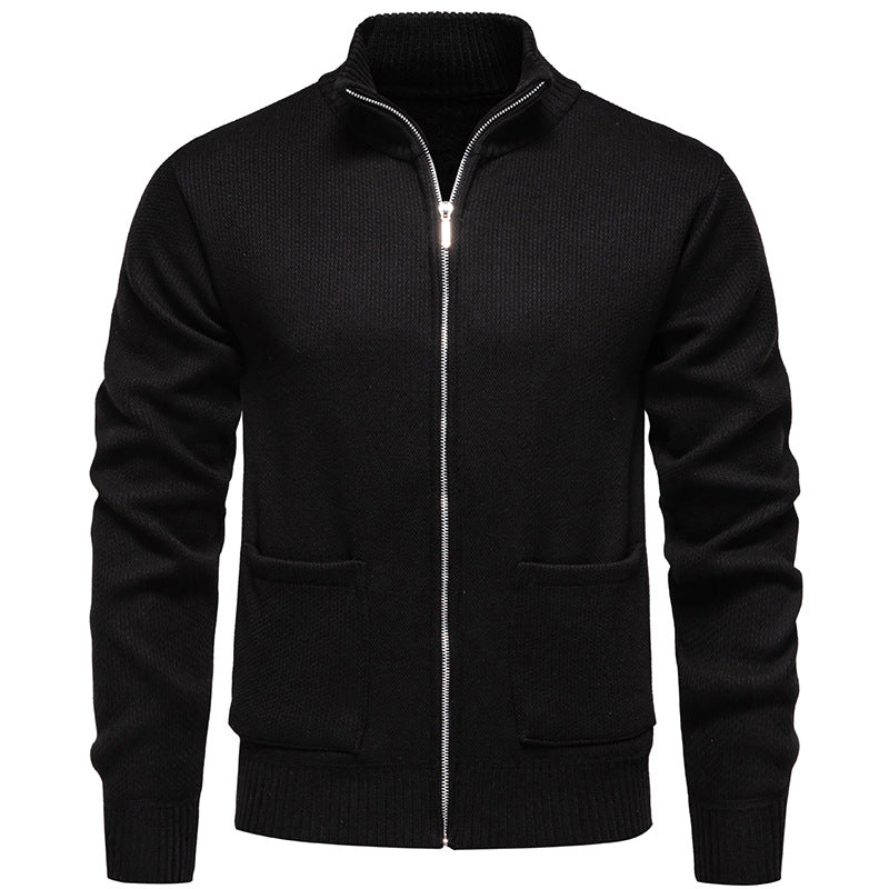 Men's finely structured zip-up knitted cardigan with stand-up collar and patch pockets Mune Fashion