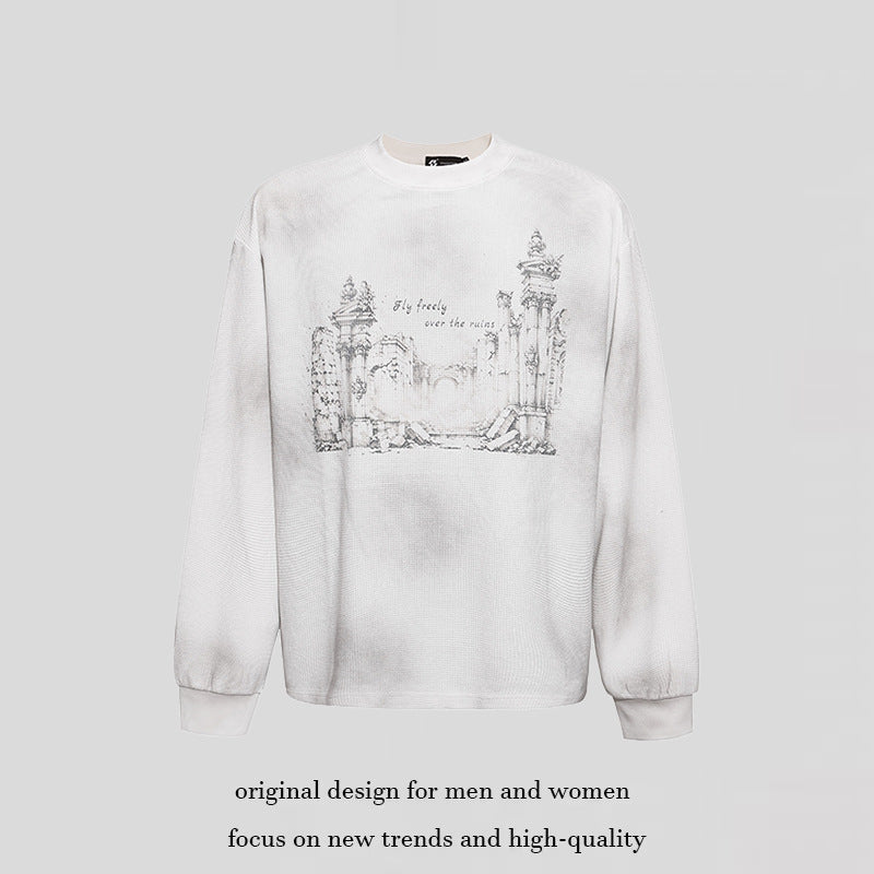 Women’s Oversized Sweatshirt with Waffle Texture, Round Neck and Ruins Sketch Print Mune Fashion