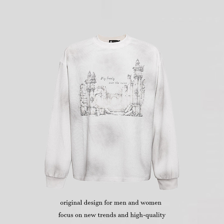 Women’s Oversized Sweatshirt with Waffle Texture, Round Neck and Ruins Sketch Print Mune Fashion