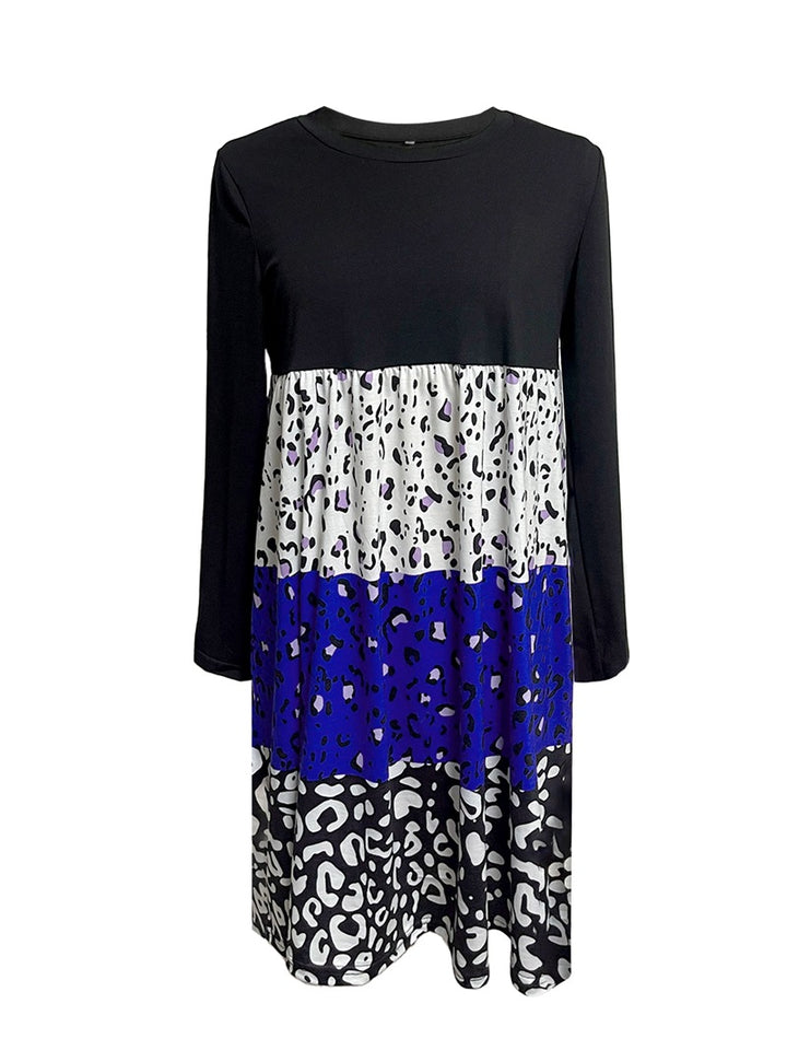 Ladies long-sleeve tiered dress with gathered empire waist and mixed animal print Mune Fashion
