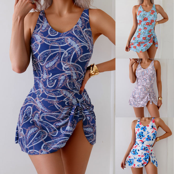 Women's Swimsuit Dress with Floral Design and Side Slit Mune Fashion