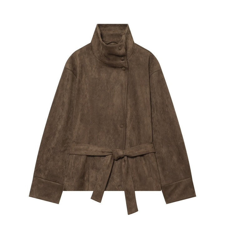 Women's short jacket in boxy cut made of suede look with high stand-up collar and tie belt Mune Fashion