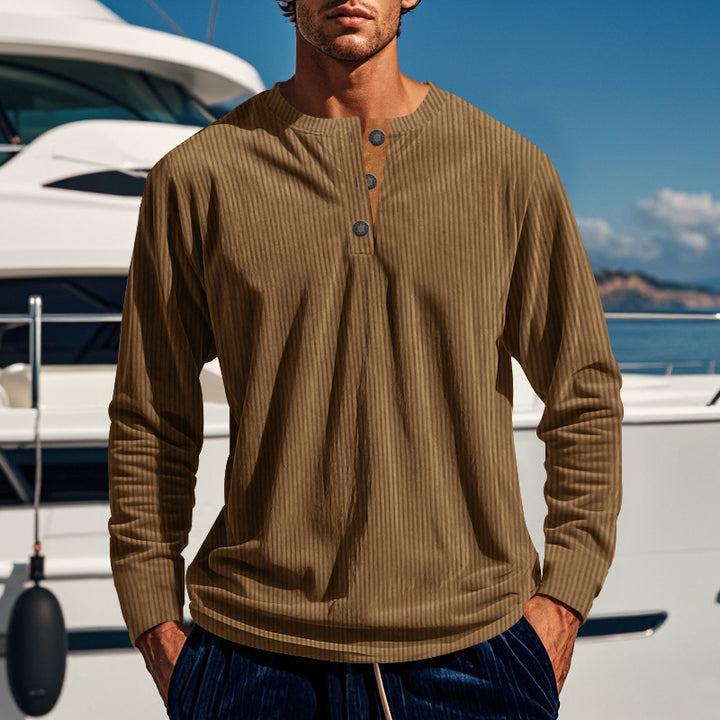 Men's knitted long sleeve henley pullover with short stand-up collar and decorative button placket Mune Fashion