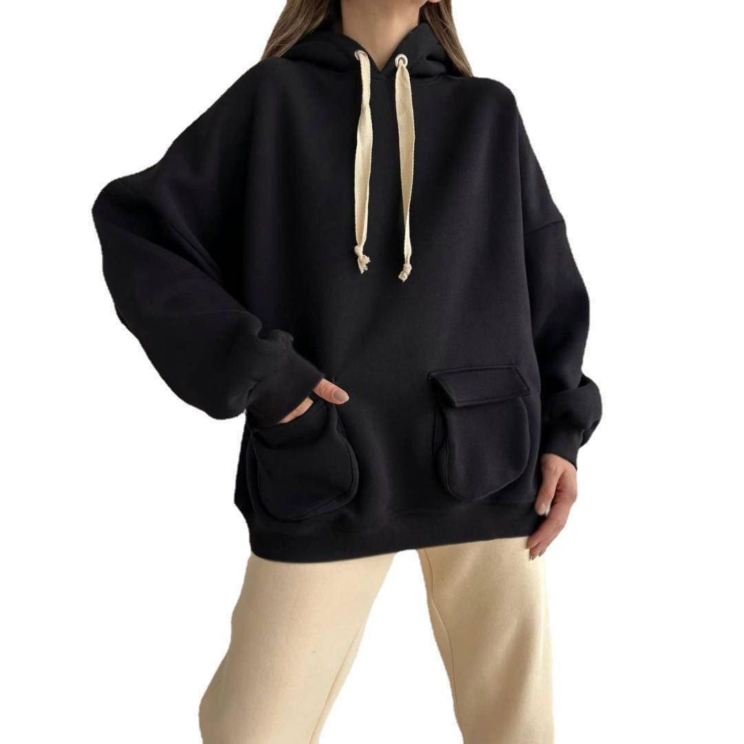 Women's Oversize Hooded Sweater with Patch Pockets and Extra-Long Cords Mune Fashion