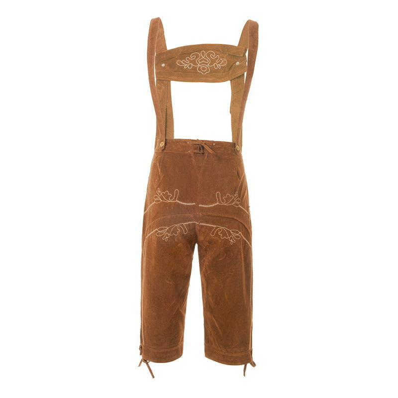 Men's traditional suede leather pants with embroidered suspenders and knee-length cuffs Mune Fashion