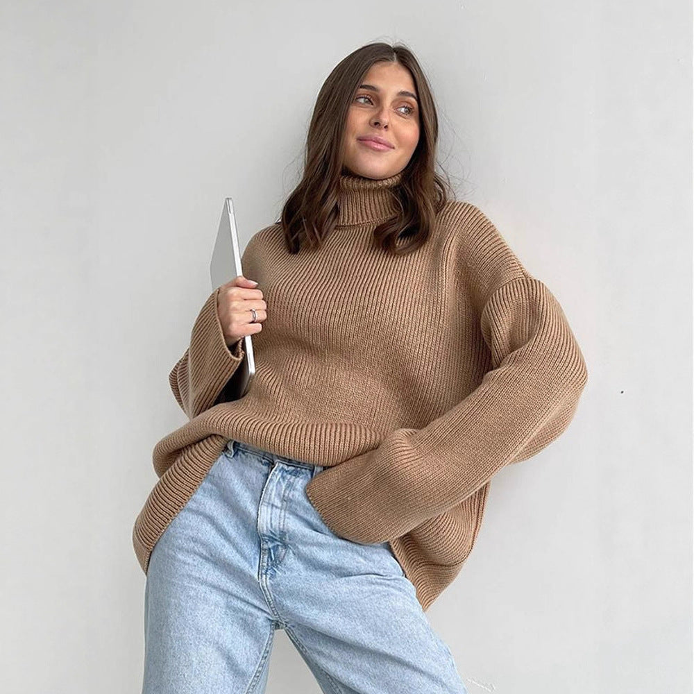 Women Oversized Ribbed Knit Turtleneck Sweater with Extended Cuff Mune Fashion