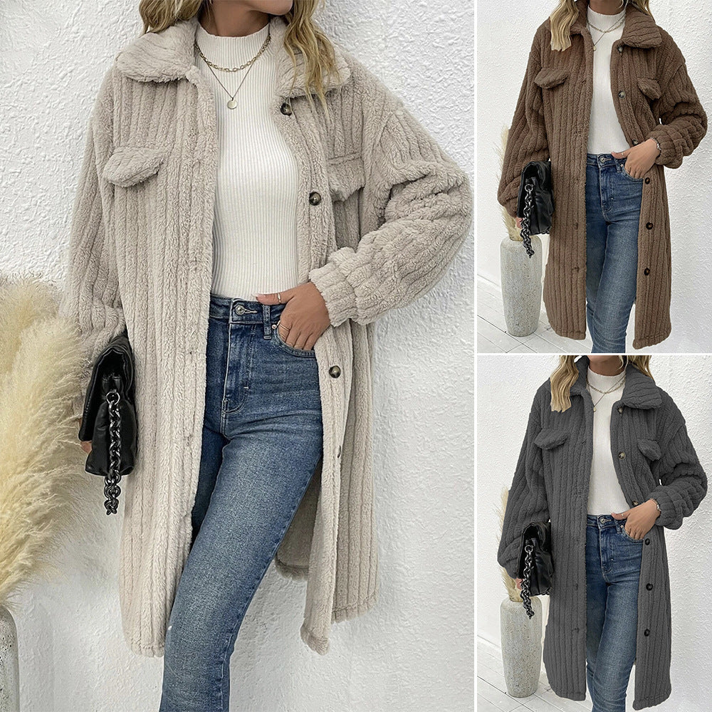 Women's longer teddy coat with shawl collar and patch breast pockets Mune Fashion
