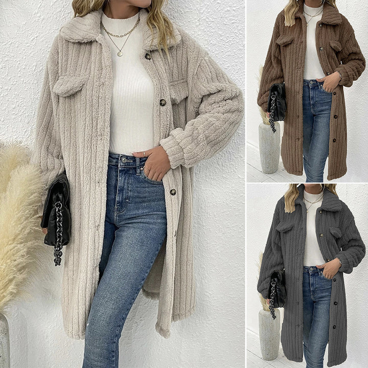 Women's longer teddy coat with shawl collar and patch breast pockets Mune Fashion