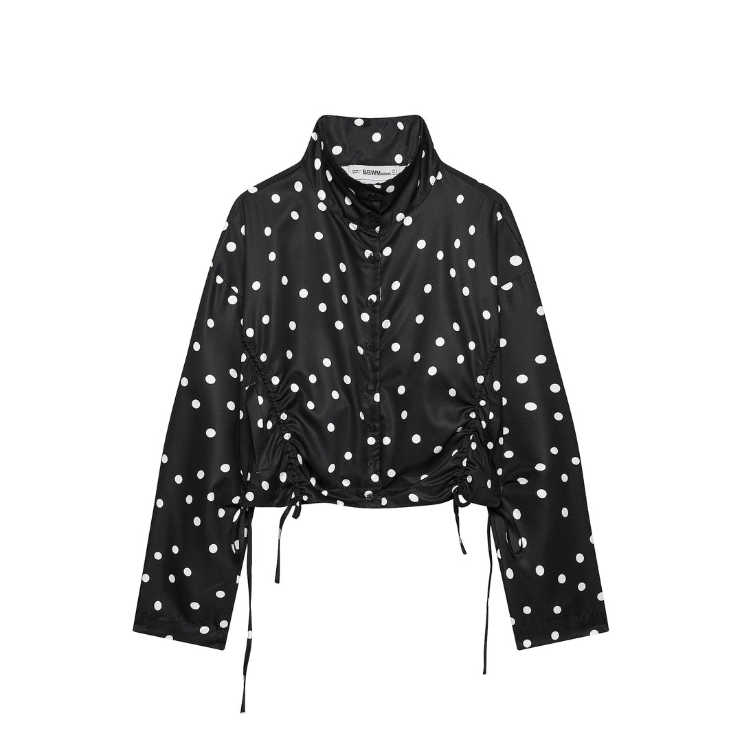 Women's Cropped Polka Dot Blouson Jacket with Standing Collar and Drawstring