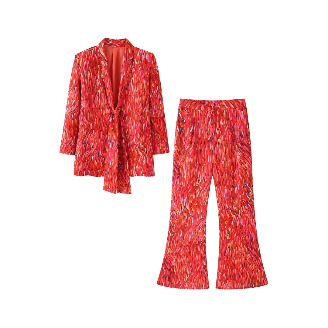 Women Two-Piece Set Shawl Collar Blazer with Knot Front and Flared High-Waist Pants Mune Fashion