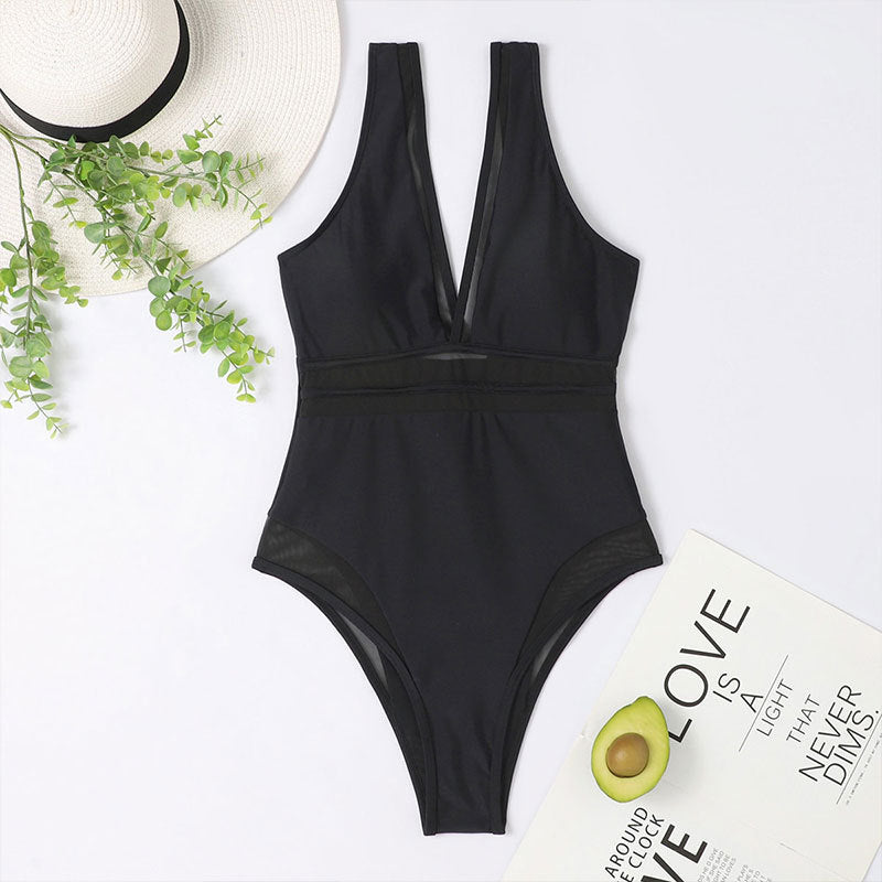 Women's one-piece swimsuit with deep V-neck and mesh details Mune Fashion
